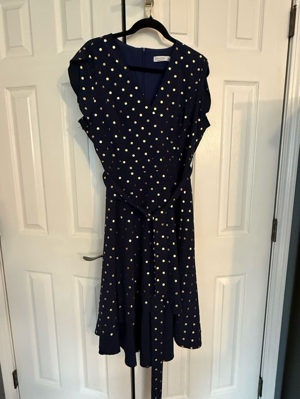 Navy Midi Dress with Gold Polka Dots - Feminine Wrap Style